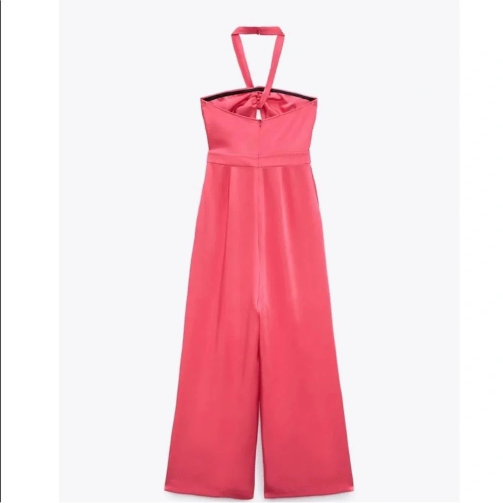 Zara Satin Halter Wide-Leg Jumpsuit in Hot Pink